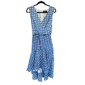 ABS Collection Blue White Gingham High Low Ruffle Dress 10 Flounce V-Neck